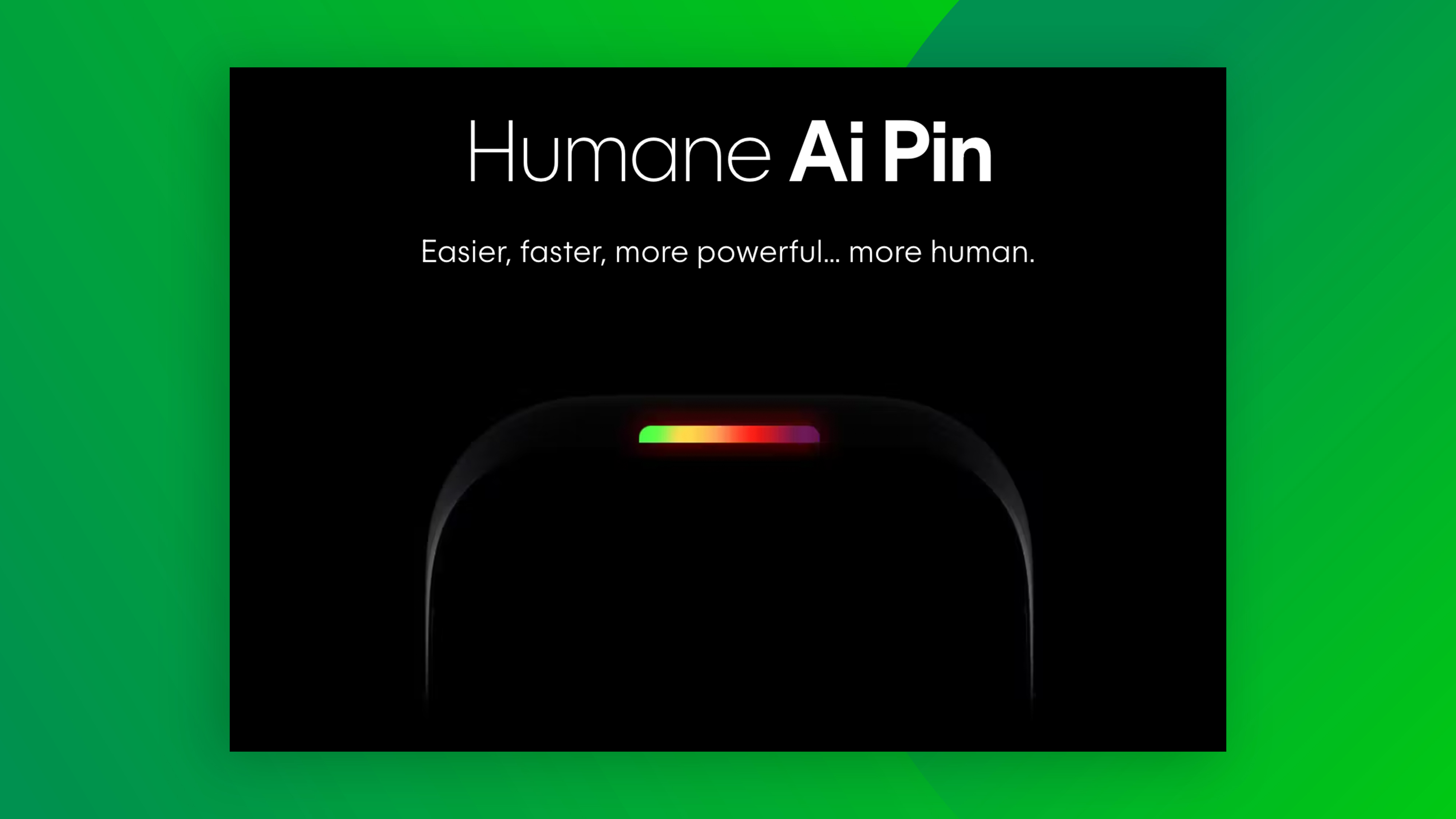 Colorful illustration of a wearable device called the Humane Ai Pin, with a person wearing it on their chest. The device projects a holographic image onto their hand, showcasing futuristic technology.